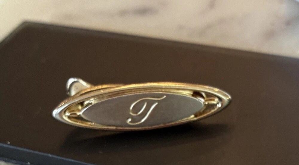 Hickok USA Vintage 60s Tie Clip Silver/Gold 2-Tone MCM Art Deco Monogram ‘T’